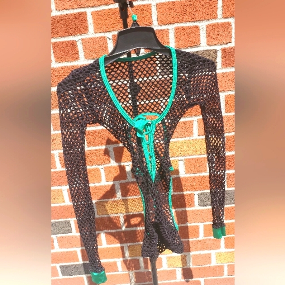 Metallic Green And Black Stunning Fishnet Body Suit Dance Wear
